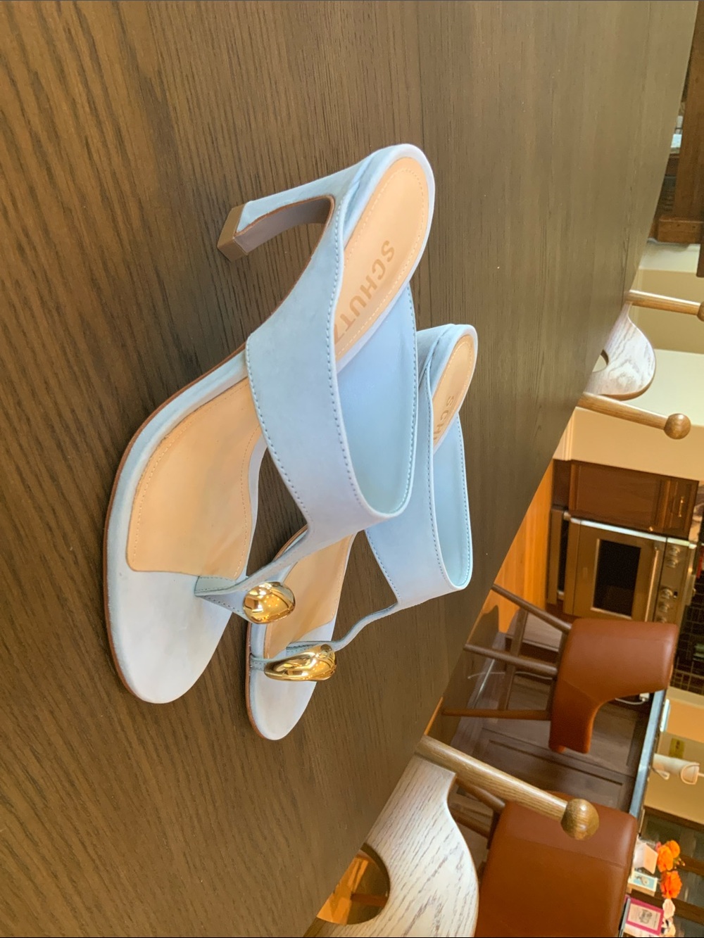 SCHUTZ Maise Nubuck Light Blue Open-Toe Heeled Mules with Gold Orb Detail